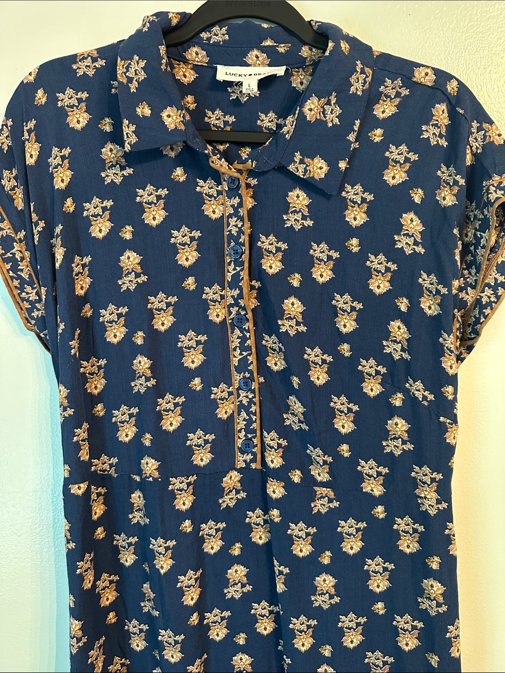 Lucky Brand Navy Beige Button Front Midi Dress Size L - Picture 3 of 7
